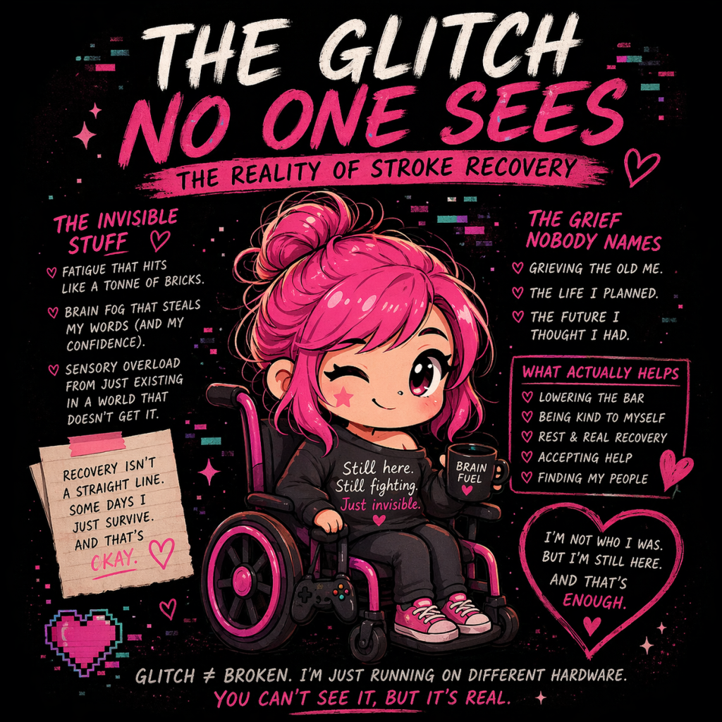 A dark, glitch-themed poster in a kawaii chibi style featuring a pink-haired character sitting in a wheelchair. The character is smiling gently and holding a mug labelled &ldquo;brain fuel,&rdquo; surrounded by glitch effects, hearts, and neon pink accents.

Around the character are handwritten-style notes describing the invisible side of stroke recovery, including fatigue, brain fog, sensory overload, grief, and emotional dysregulation.

The central message reads &ldquo;Still here. Still fighting. Just invisible.&rdquo; The overall design combines cute, soft visuals with raw, honest messaging about invisible disability and life after stroke.