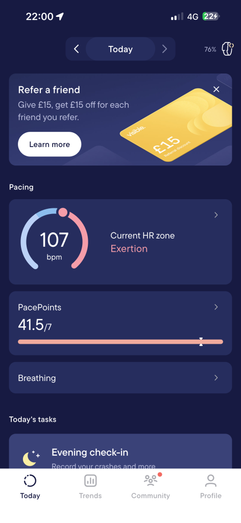 An image from the Visible app showing a current heart rate of 107, and a Pacepoints value of 41.5 out of 7.